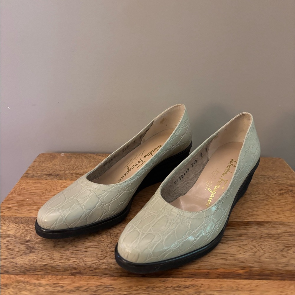 Salvatore Ferragamo Sage Green Croc-Embossed Wedge Pumps